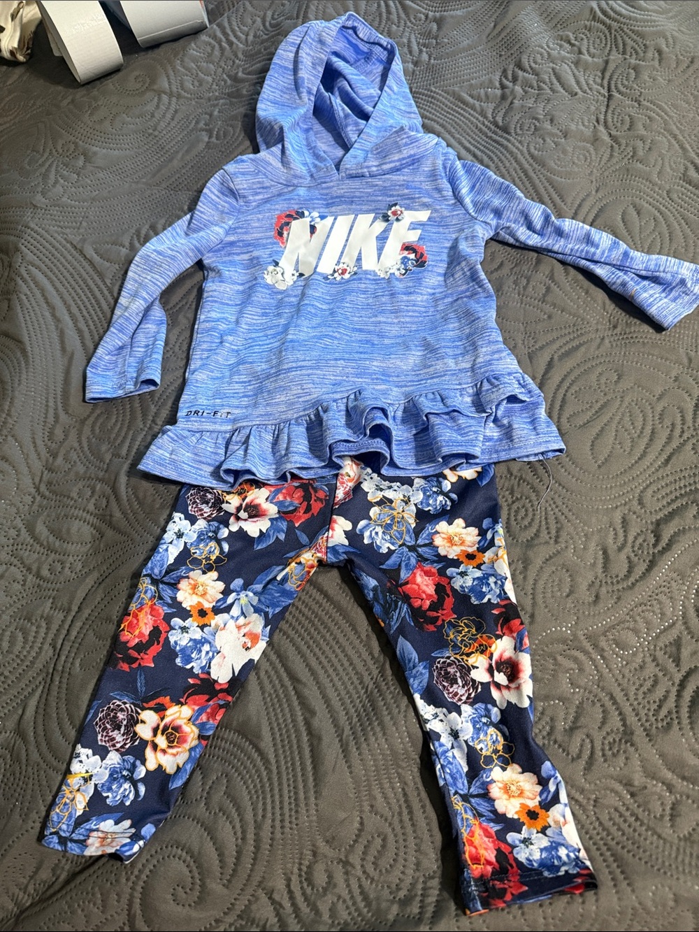 Nike Girls Blue Hooded Ruffle Top with Navy Floral Leggings